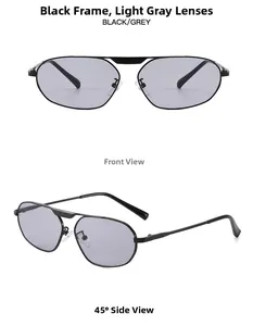 Detail view of black metal irregular polygon sunglasses with grey lenses and double bridge