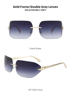 Vue avant et latérale de lunettes de soleil sans monture avec branches en métal doré
