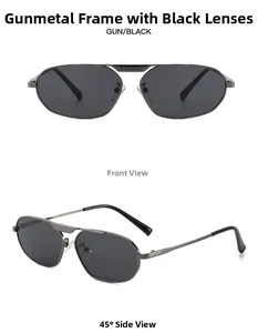 Front and 45-degree side views of gunmetal irregular oversized polygon sunglasses