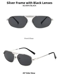 Front and side view of silver metal irregular polygon sunglasses with dark lenses