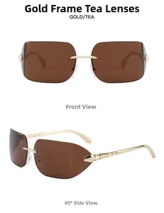 Lunettes de soleil sans monture marron avec branches en métal doré vues de face et de profil