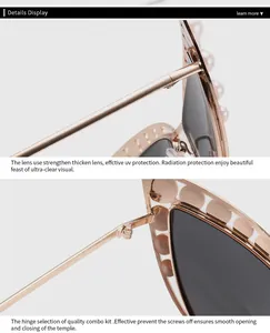 Détail de lunettes de soleil œil-de-chat avec perles blanches et charnières renforcées