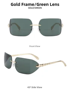 Détail des branches serpent dorées et des verres vert foncé de lunettes sans monture