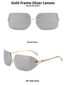 Détail de lunettes de soleil sans monture avec verres argentés et branches dorées