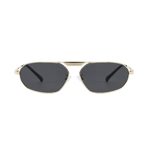 Irregular polygonal gold metal sunglasses with dark lenses and stylish double bridge
