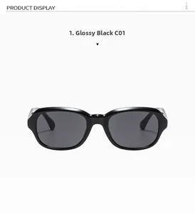 Front view of modern black rectangular sunglasses with grey lenses and a sleek frame