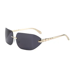 Lunettes de Soleil Vintage sans Monture pour Femmes Géométriques Irrégulières Bords Biseautés UV400 Branche Métal Serpent Mode