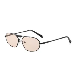 Irregular polygonal pilot sunglasses with thin metal frame and light brown lenses