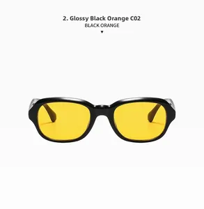 Front view of C02 square black frame sunglasses with vibrant orange lenses