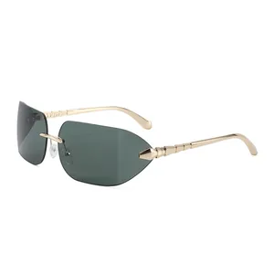 Lunettes de soleil sans monture rétro avec verres vert foncé et branches en métal doré