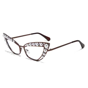 Lunettes œil de chat en métal marron avec perles et verres clairs pour femmes