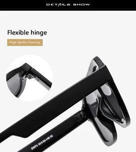 Detail view of the flexible hinges and model specifications on black square sunglasses