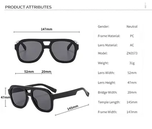 Detailed size chart showing dimensions of double bridge sunglasses with 147mm frame width