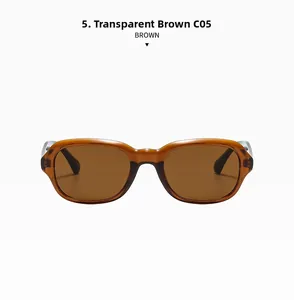 Detail view of transparent brown retro square sunglasses frame C05 with dark brown lenses