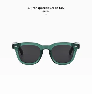 Gedetailleerd vooraanzicht van transparante groene vierkante zonnebril met grijze glazen