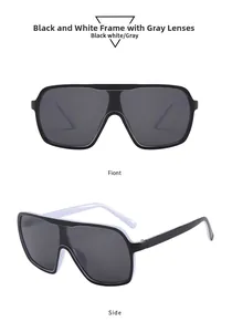 Vues détaillées de face et de côté de lunettes de soleil oversize noir et blanc