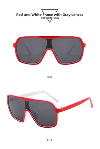 Vues de face et de profil de lunettes de soleil bicolores rouge et blanc à monture surdimensionnée