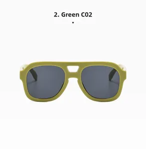 Detail of olive green double bridge sunglasses frame with dark grey tinted sun lenses