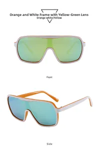 Détail de lunettes de soleil visière oversize avec monture orange blanc et verres