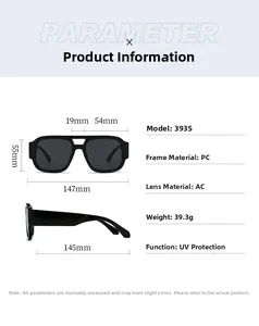 Detailed size chart for retro double-bridge sunglasses showing precise frame measurements