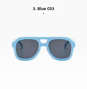 Detail of blue pilot sunglasses with double bridge frame and dark grey lenses
