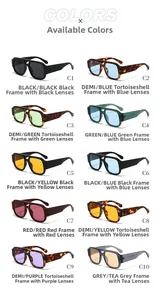 Matrix showing 10 retro double-bridge square sunglasses in various lens and frame colors