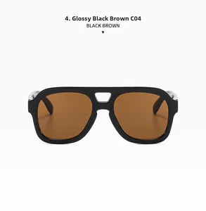 Detail of C04 retro double-bridge sunglasses in polished black with dark brown lenses