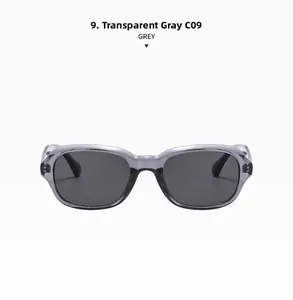 Detailed view of the transparent grey square frame sunglasses with dark round lenses