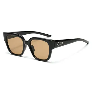 Classic vintage square sunglasses with black frame, amber lenses and silver metal detail
