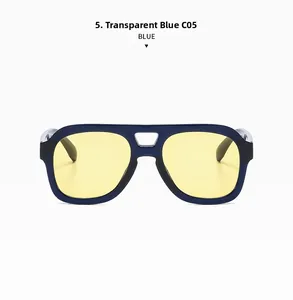 Front view of double bridge pilot sunglasses with transparent blue frame and yellow lenses