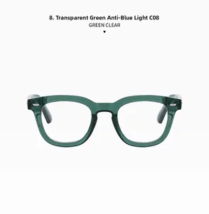 Detail van transparant groen C08-montuur met heldere blauw licht filter glazen