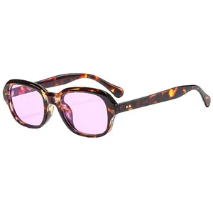 Retro square tortoiseshell frames with light purple lenses and metal rivet details