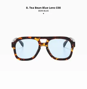 Detail of tortoise shell texture frame and light blue lenses on retro sunglasses