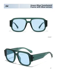 Front and 45-degree view of green frame sunglasses with blue lenses and metal detail