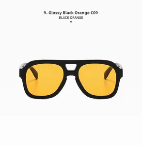 Detailed view of retro pilot sunglasses with bright black frames and orange lenses