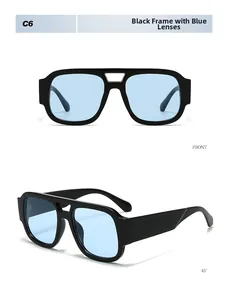 Front and 45-degree macro view of black double-bridge sunglasses with blue lenses
