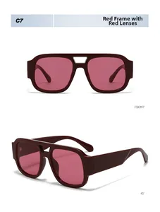 Detail view of red square double-bridge sunglasses with wide temples and red lenses