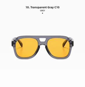 Detail of transparent gray aviator sunglasses with yellow lenses and double bridge design