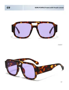 Detailed front and side view of retro double-bridge tortoise sunglasses with purple lenses