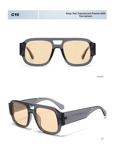 Front and side view of translucent grey square sunglasses with brown tinted lenses