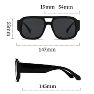 Detailed size chart for retro double-bridge square sunglasses with exact frame dimensions