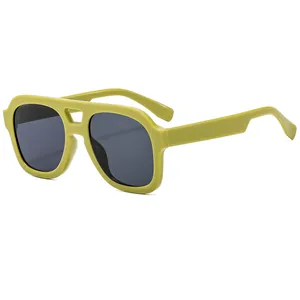 Fashionable double-bridge aviator sunglasses with avocado green frames and grey lenses