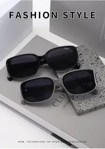 Close-up of retro square sunglasses featuring glossy frames and premium protective lenses