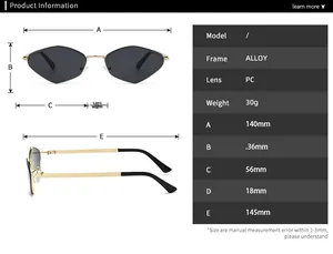 Tableau des tailles détaillé pour lunettes de soleil géométriques en métal avec mesures