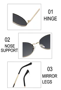 Detailed close-up of golden metal hinges, nose pads, and temples of retro oval sunglasses