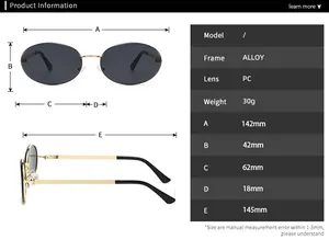 Detailed sizing chart and material specs for the vintage oval metal frame sunglasses