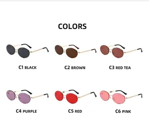 Collection of metal oval sunglasses in six various lens colors with vintage gold frames
