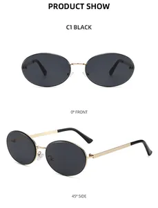 Front and side views of vintage oval sunglasses with gold metal frames and black lenses