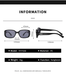 Detailed size chart for retro rectangle sunglasses with PC frame measurements and specs