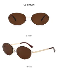Front and side views of oval retro sunglasses with metal frames and brown lenses